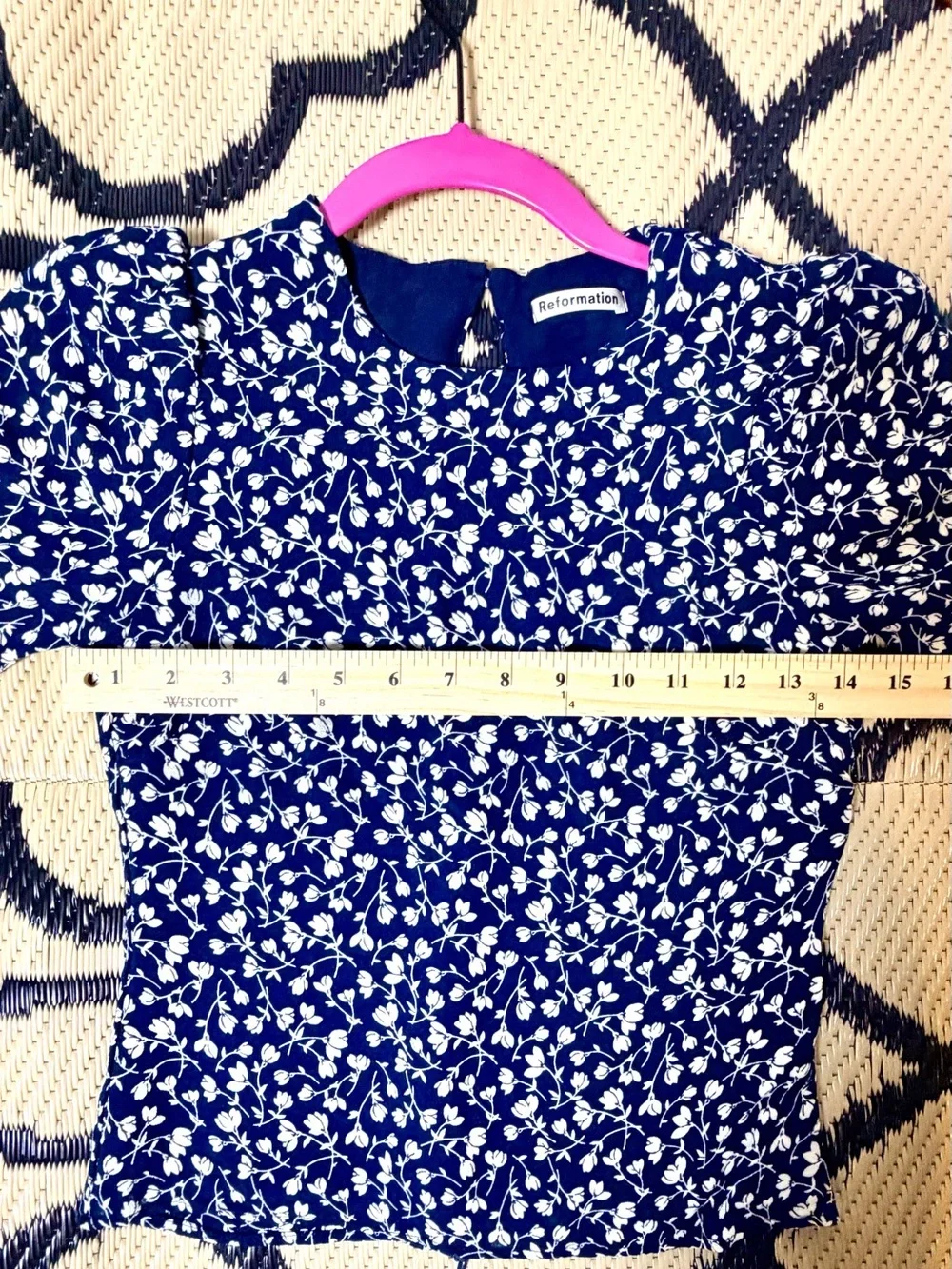 Reformation Navy White Floral Long puff Sleeve‎ Blouse